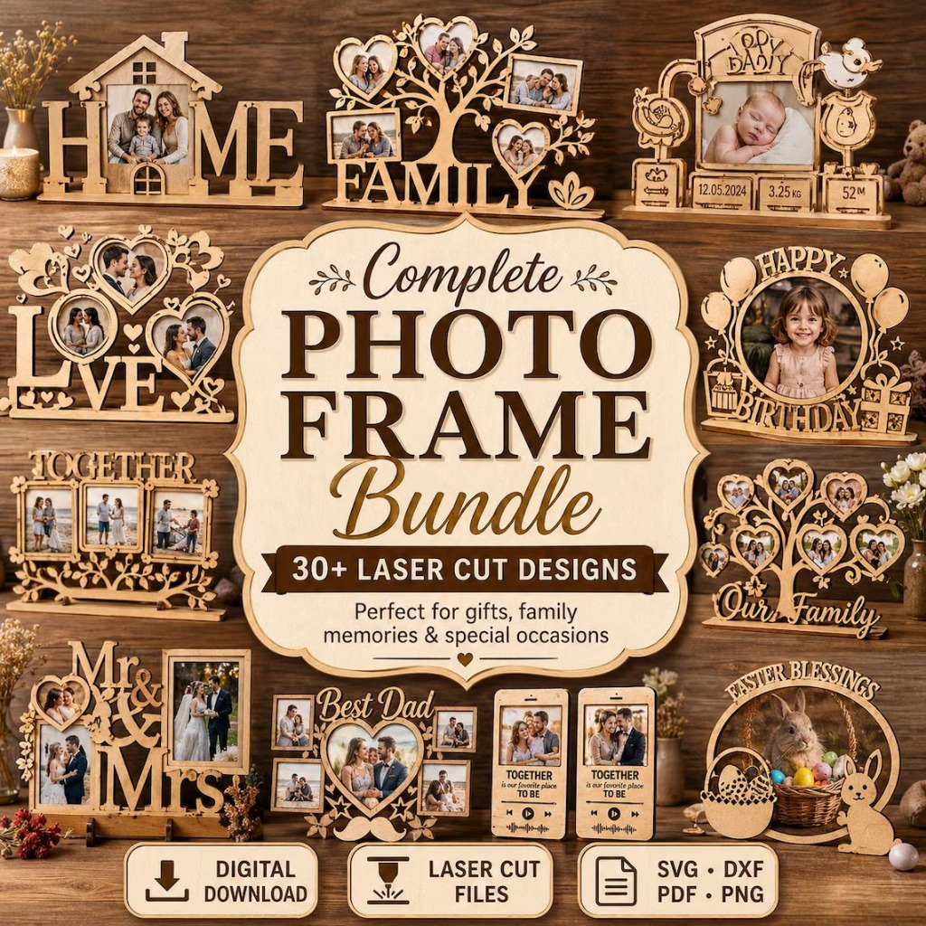 Laser Cut Photo Frame SVG Bundle Bingkai Foto Kayu Keluarga | Desain Frame Foto Digital untuk CNC, L