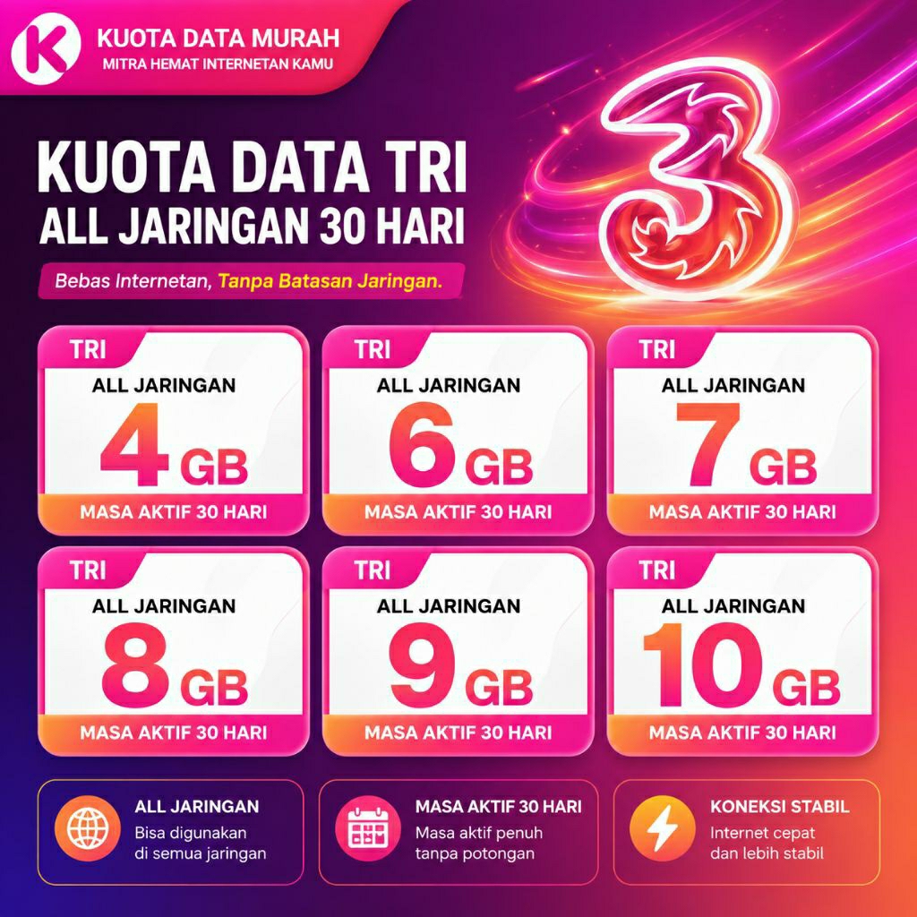 Kuota Tri 4GB 6GB 7GB 8GB 9GB 10GB 30 Hari All Jaringan - Kuota Data Tri Bulanan