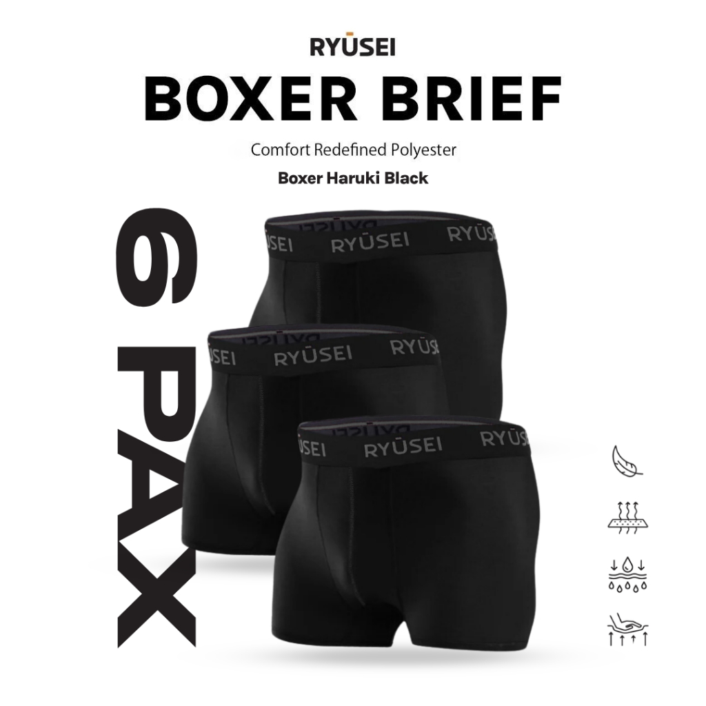 Ryusei Boxer Haruki Polyester Spandex 6 Pcs - Black | Nyaman & Elastis