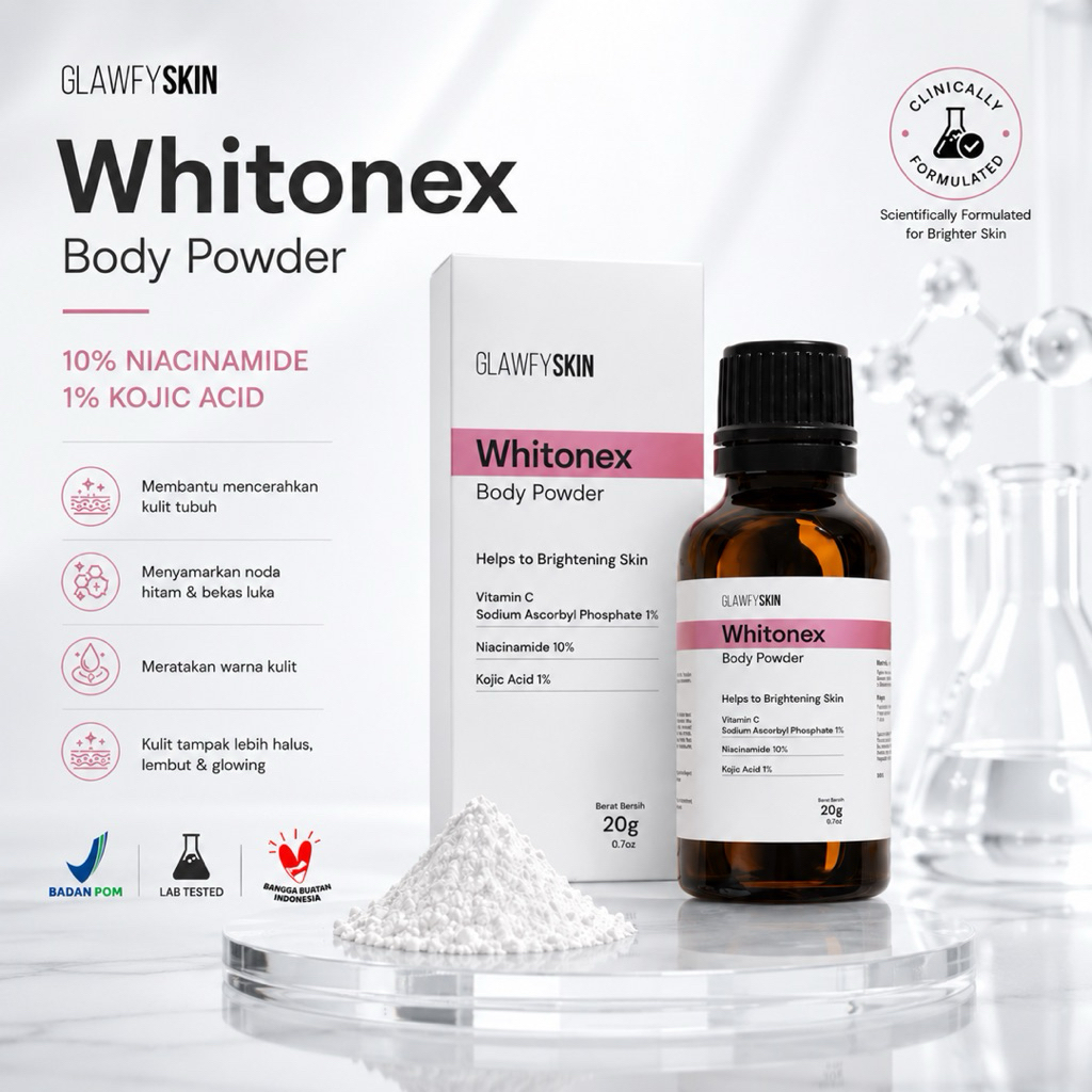 Whitonex Powder 10% | Bubuk Whitening Kulit Dengan Kandungan 10% Niacinamade & Kojic Acid Glawfyskin