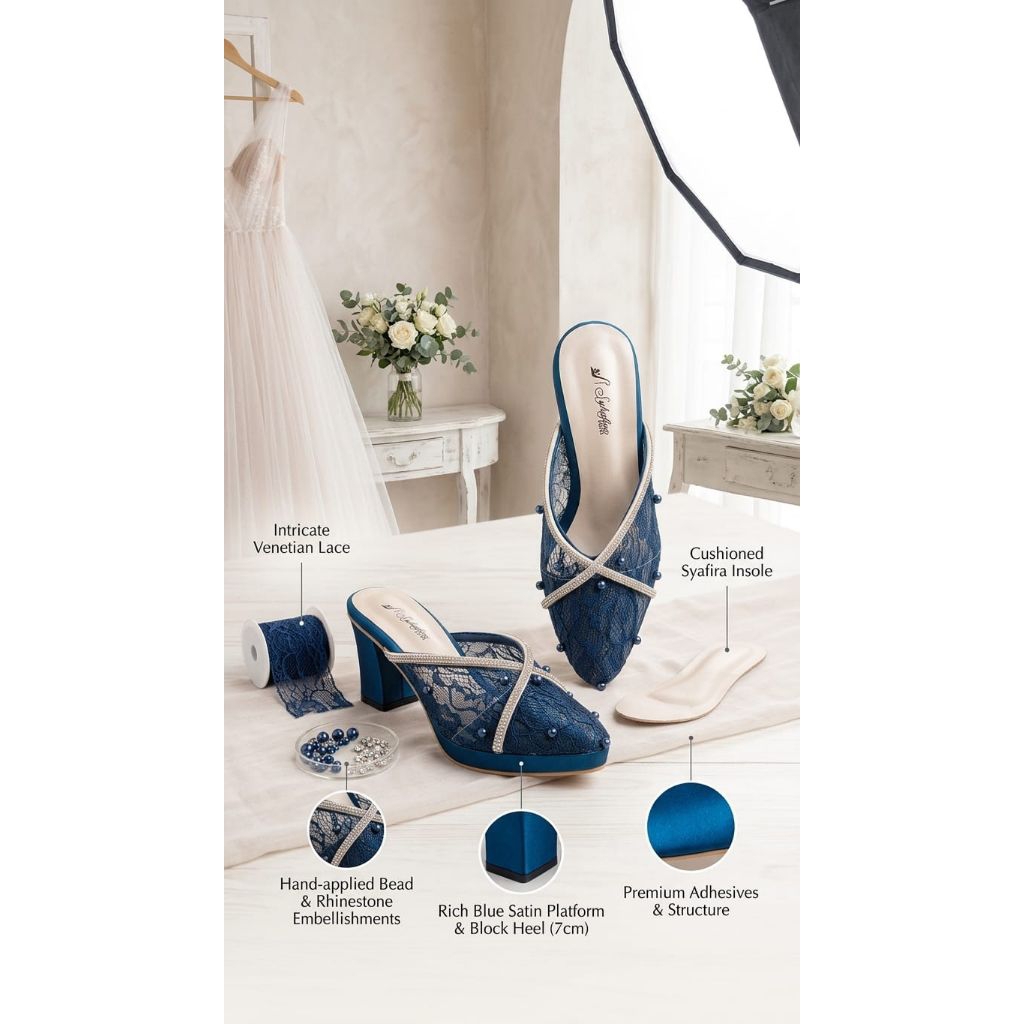 Syhafira Sepatu wedding Heels Pesta Hak Tahu 7 cm Bling Biru Emeral