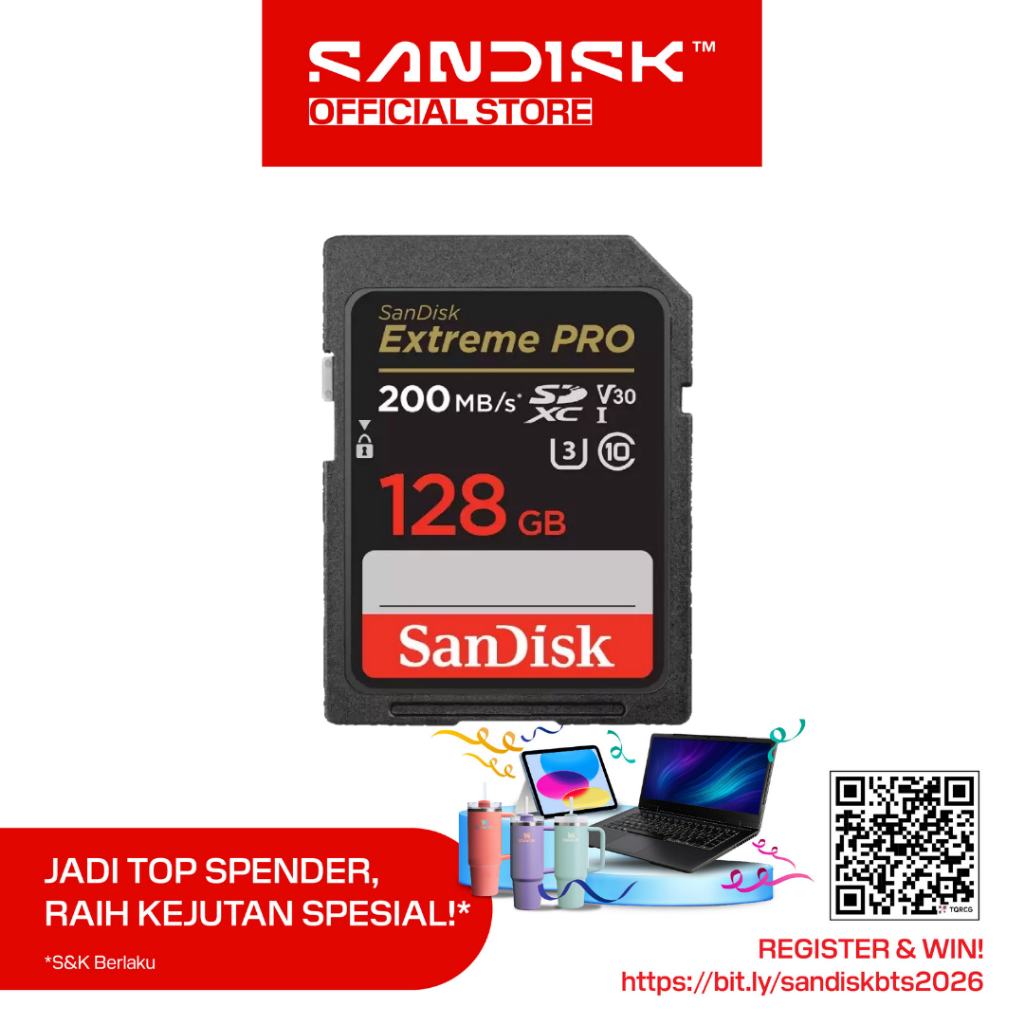 SANDISK SDXC Card Extreme Pro 128GB UHS-I Class 10 U3 V30 for 4K UHD (Up to 200MB/s)