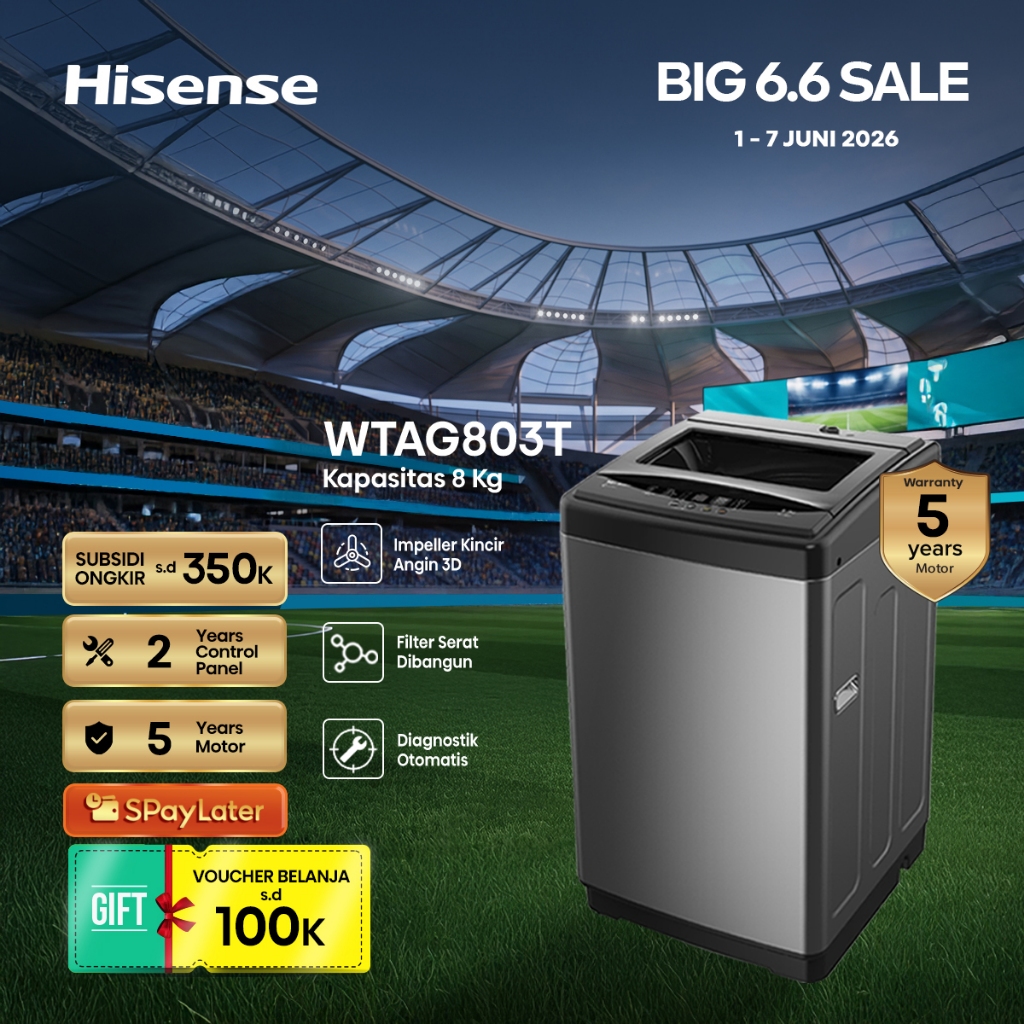 Hisense Mesin Cuci WTAG803T Top Loading Kapasitas 8KG 1 Tabung Bukaan Atas 3D Impeller Kincir Angin 