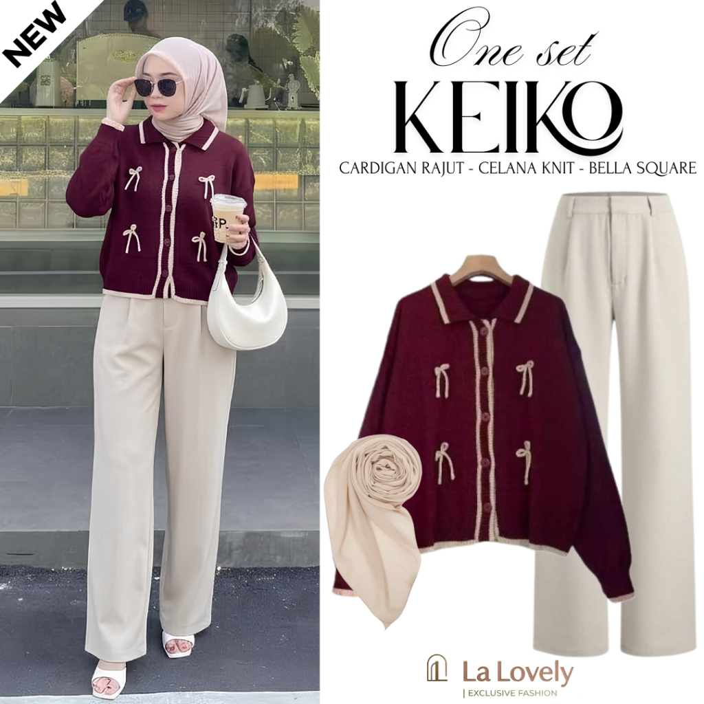 Outfit Wanita Korean Style 3in1 Set Nyaman | Cardigan Rajut Pita + Celana Knit + Hijab Bella | OOTD 