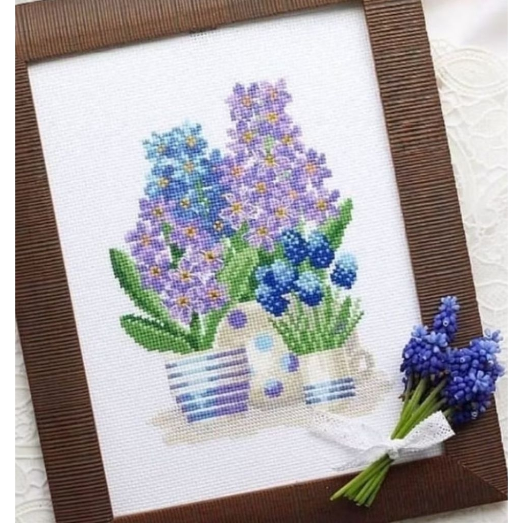 DIY paket kristik bunga lavender ungu purple  cross stitch dmc 14ct