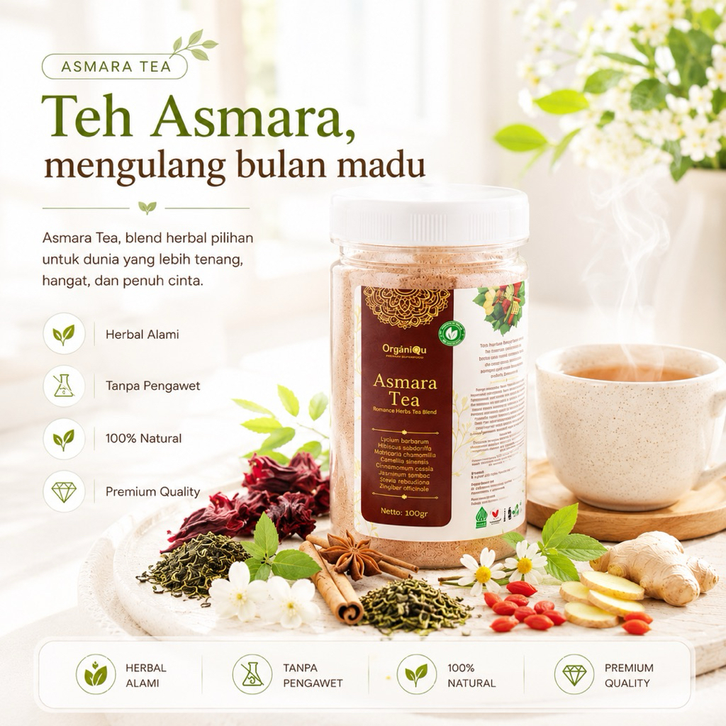 OrganiQu ASMARA TEA, teh menghangatkan hubungan dengan pasangan, mengurangi emosional, menenangkan &