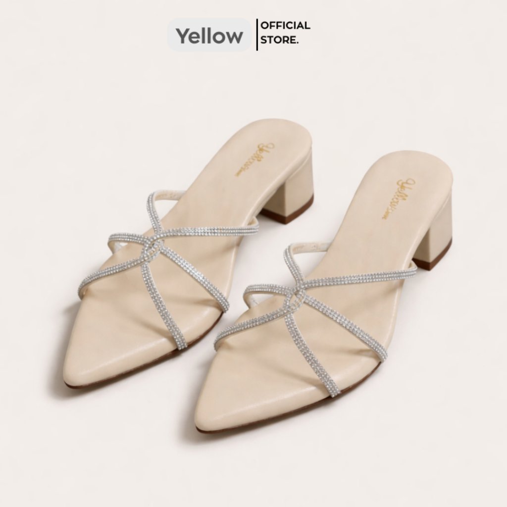Yellow bella Sandal Heels 5cm Tali Permata Blink Blink Korean Style Sendal Hak Tahu Slip On Kekinian