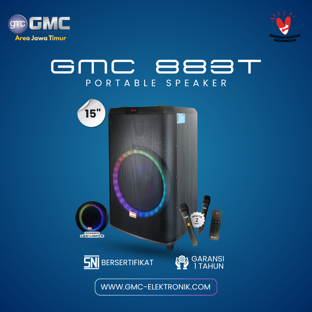 GMC Speaker 883T – Bluetooth Karaoke Speaker 15 Inch – 195W, LED Light, Gratis 2 Mic Wireless, USB, 