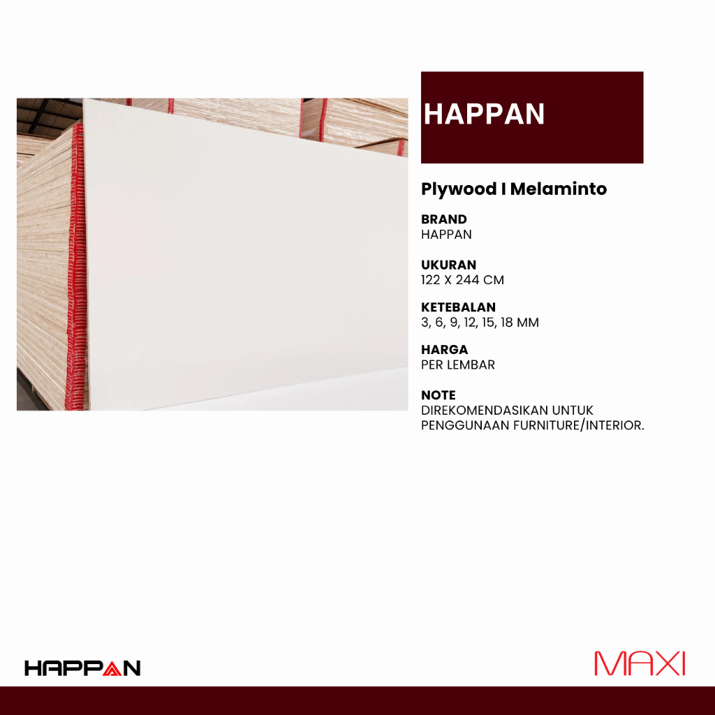 HAPPAN | - Plywood Melamine I Melaminto Series - 122 x 244cm - 3mm I 6mm I 9mm I 12mm I 15mm I18mm