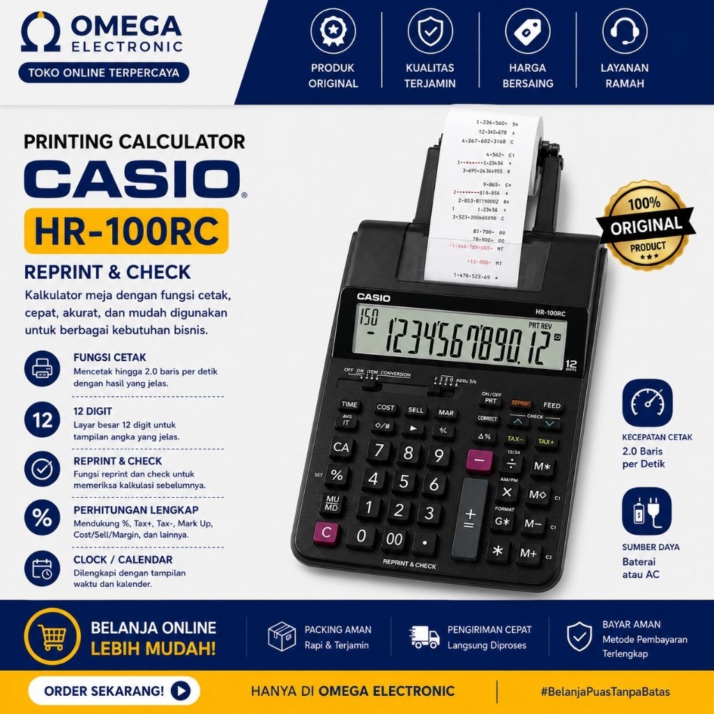Casio HR 100RC Printing Calculator HR-100RC - Kalkulator Kasir Printer Struk Kalkulator Kasir