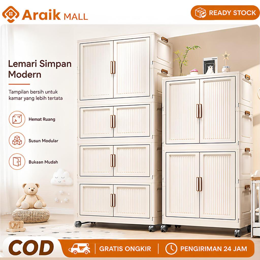 Krim Lemari Pakaian Lemari Baju Storage Wardrobe Lemari Pakaian Plastik Dengan Roda Ekstra Besar