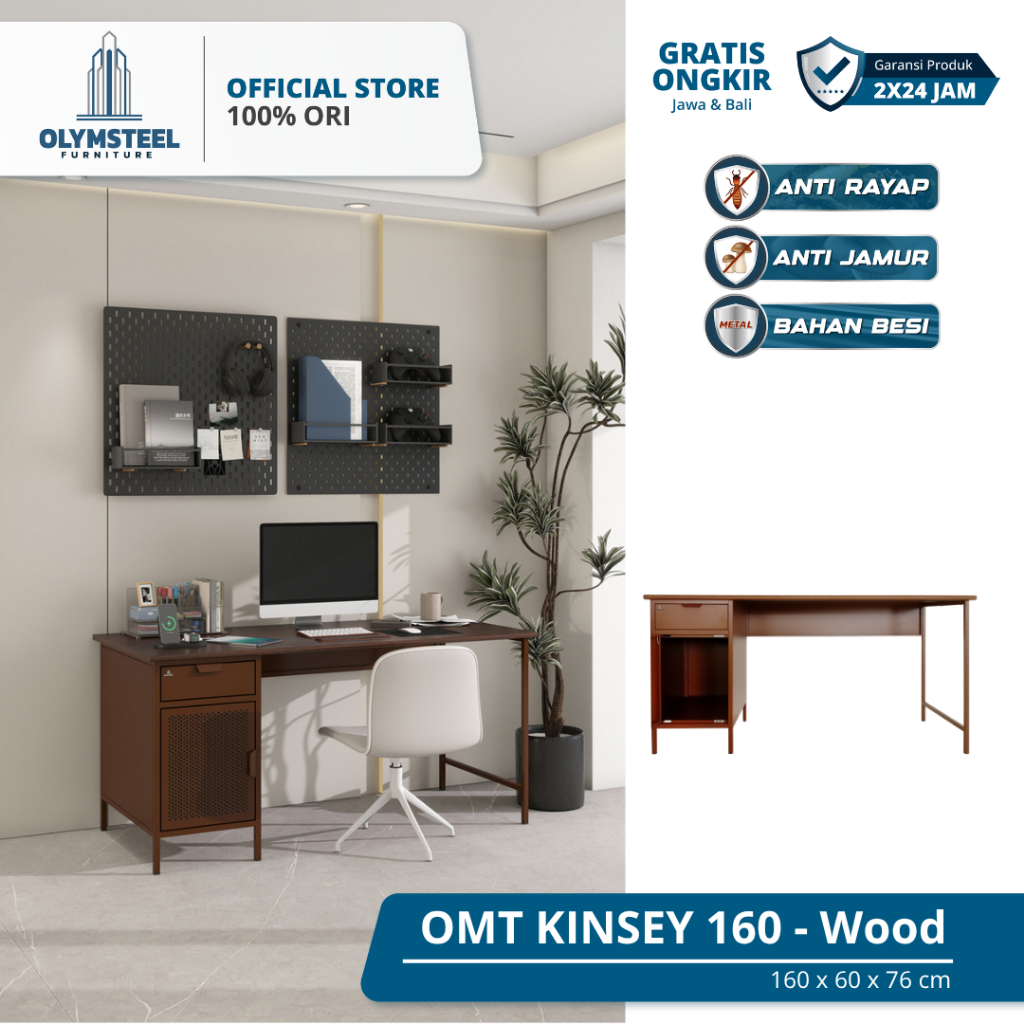 Olymsteel OMT Kinsey / Meja Tulis Besi Kokoh / Meja Belajar Laci Kabinet