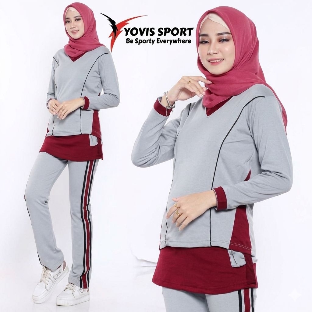 Setelan Baju Senam Olahraga Wanita Aerobic Muslim Zumba Terbaru Merah Putih Yovis Sport Kekinian