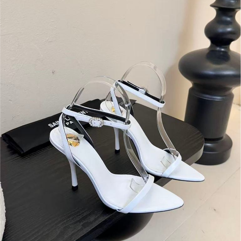 Saint Laurent metal diamond chain pointed high heels white high heels
