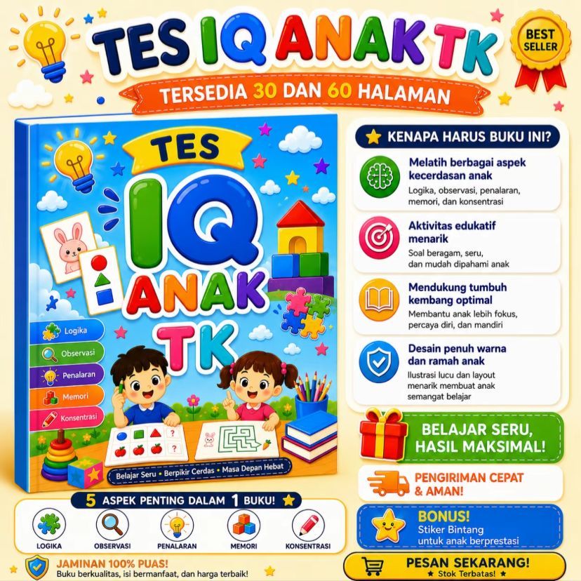 [RESELLER RESMI] BUKU TES IQ ANAK TK / BUKU LATIHAN SOAL TES IQ ANAK TK KINDERGARTEN 30 HALAMAN DAN 