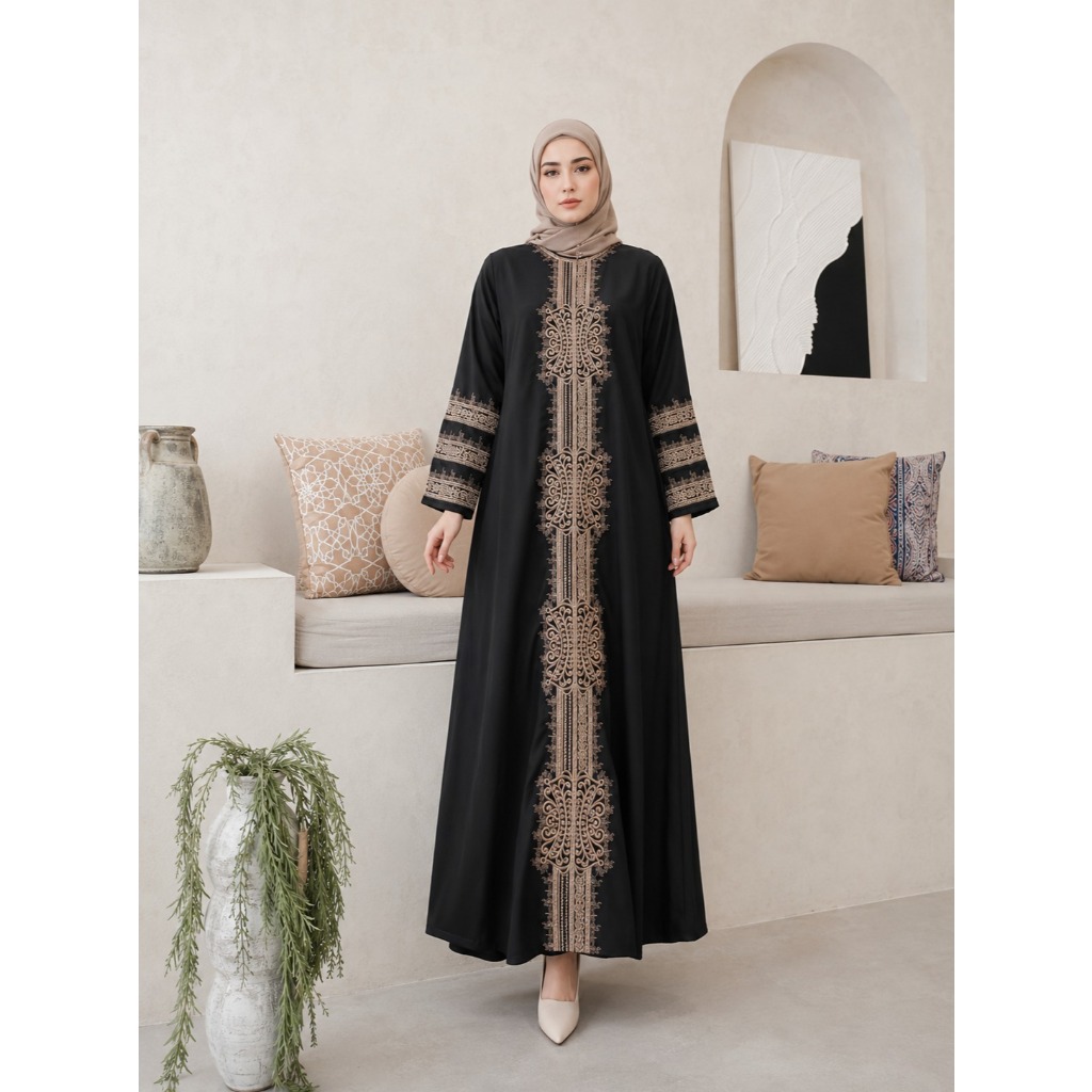 Abaya Turki Mewah Jetblack - Dress Muslimah Elegan Bordir Eksklusif  Motif Pintu Aceh - M-XXL