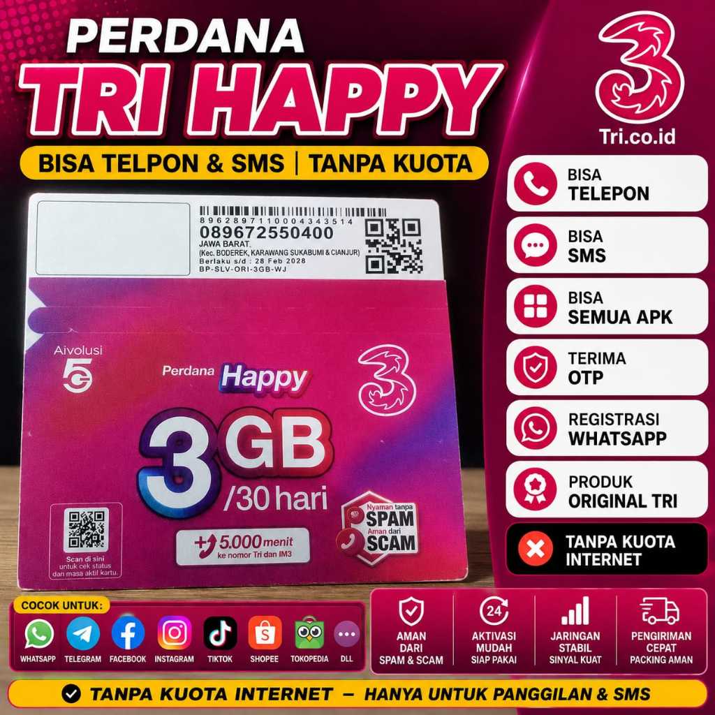 Perdana Tri Happy Siap Pakai | Telpon SMS Lancar | Tanpa Paket Internet