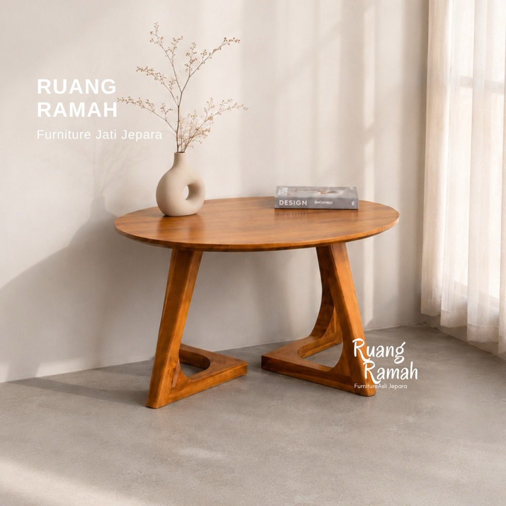 Coffee Table Bulat Minimalis Jati | Meja Tamu Aesthetic Kayu Solid | Meja Kopi Scandinavian Japandi 