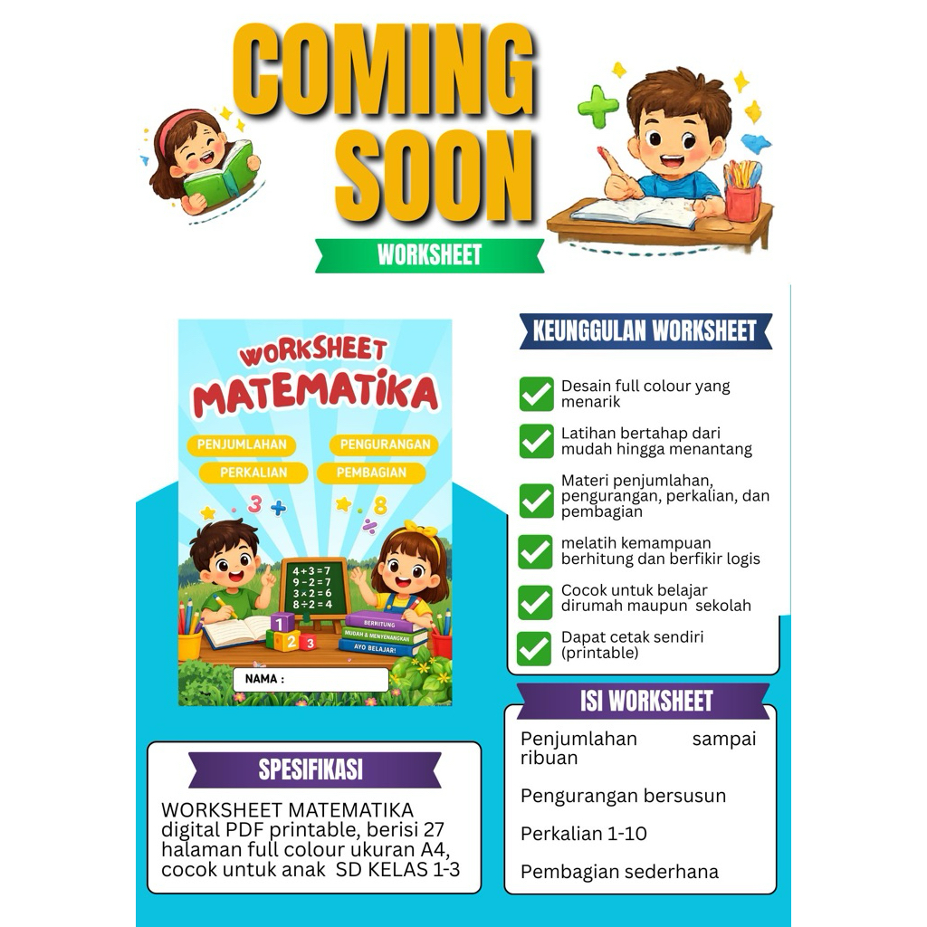 Worksheet Matematika SD Kelas 1–3 PDF Printable A4 | Penjumlahan, Pengurangan, Perkalian & Pembagian