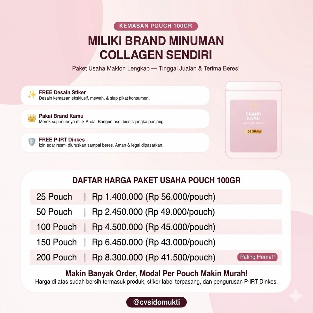 Paket Usaha Minuman Collagen Maklon Minuman Kecantikan Pouch 100gr Free Desain Stiker Label dan Izin