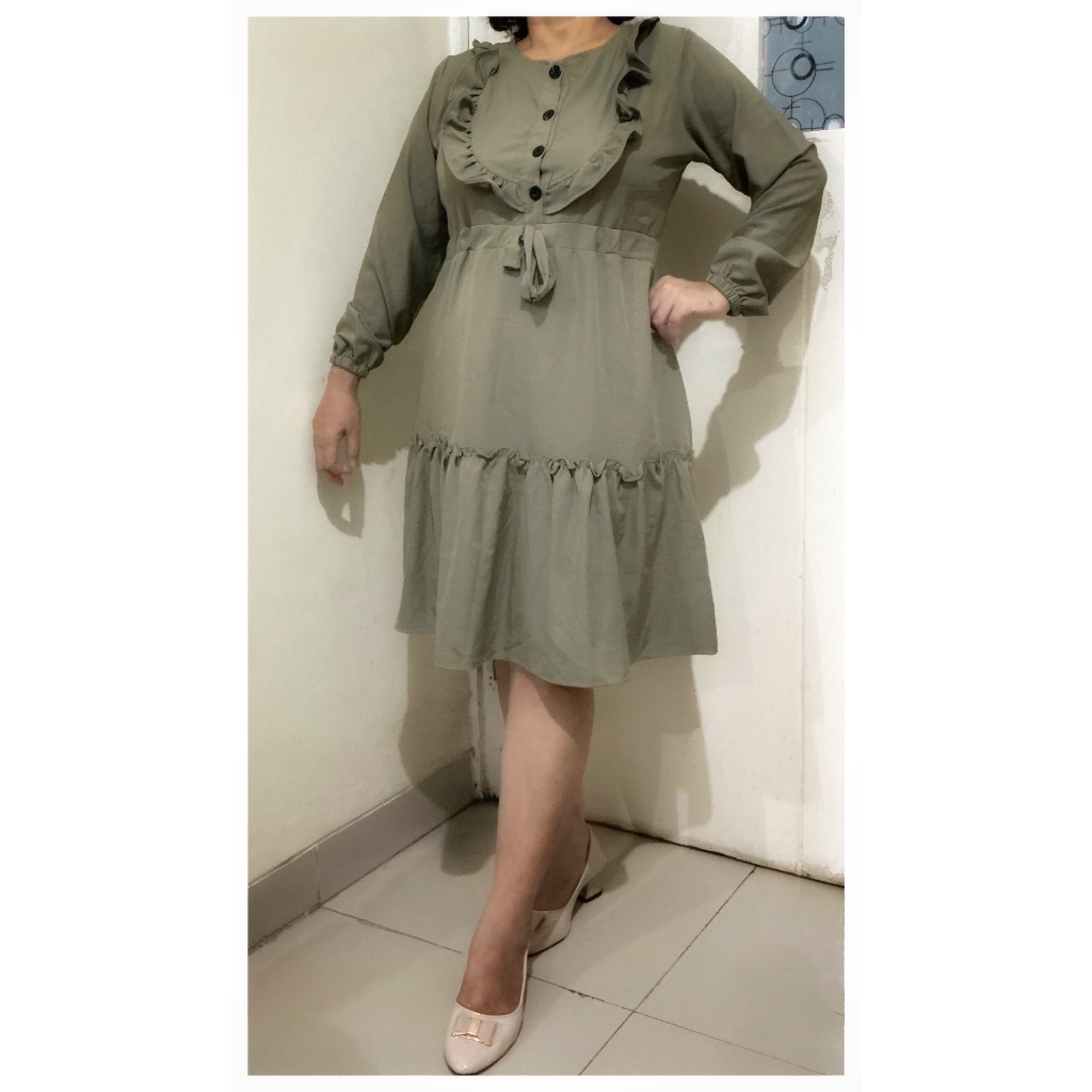 Dress Wanita Midi Vintage Hijau Army