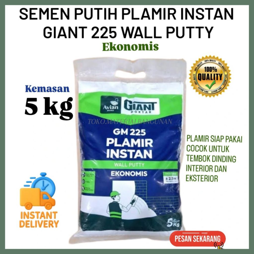GIANT MORTAR 225 PLAMIR INSTAN 5 KG SEMEN PUTIH EKONOMIS SIAP PAKAI