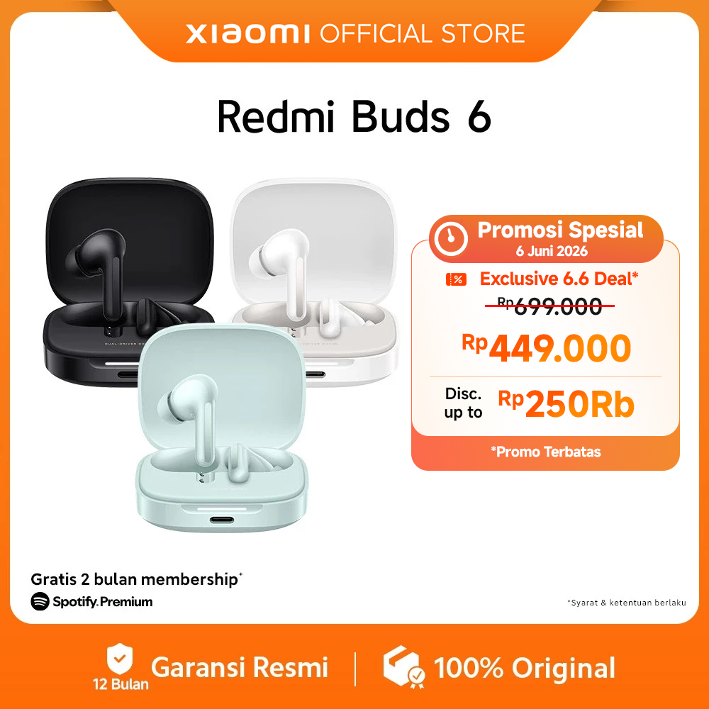 Xiaomi Redmi Buds 6 | Desain akustik dual-driver | Peredam bising hingga 49 dB | efek suara imersif 