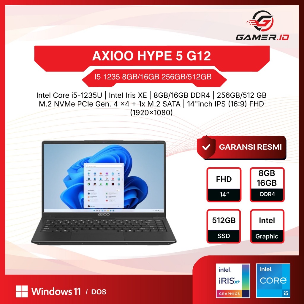 AXIOO HYPE 5 G12 I5 1235 16GB/ 8GB 256GB DOS/WIN 11 14" FHD IPS BLACK