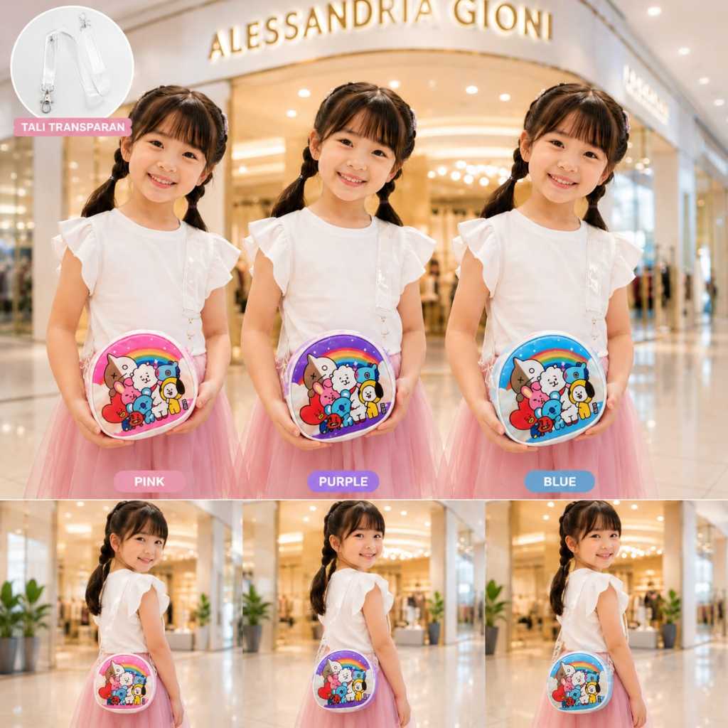 Tas Sling Bag Anak Karakter Lucu Pelangi BT21 Mini Selempang Anak Perempuan Tali Transparan | Tas Fa