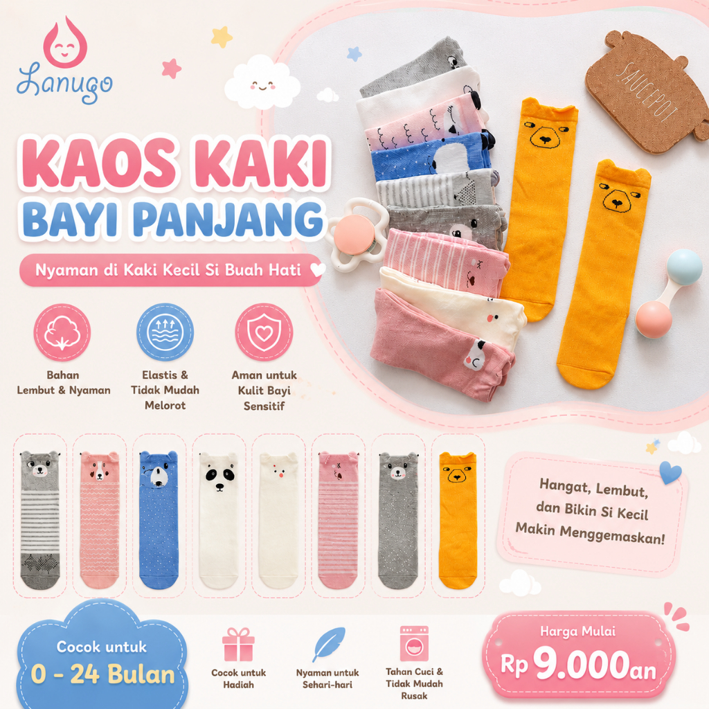 Kaos Kaki Bayi Panjang / Kaos Kaki Bayi Perempuan Laki Laki/ Kaos Kaki Anak Karakter Lucu Anti Slip