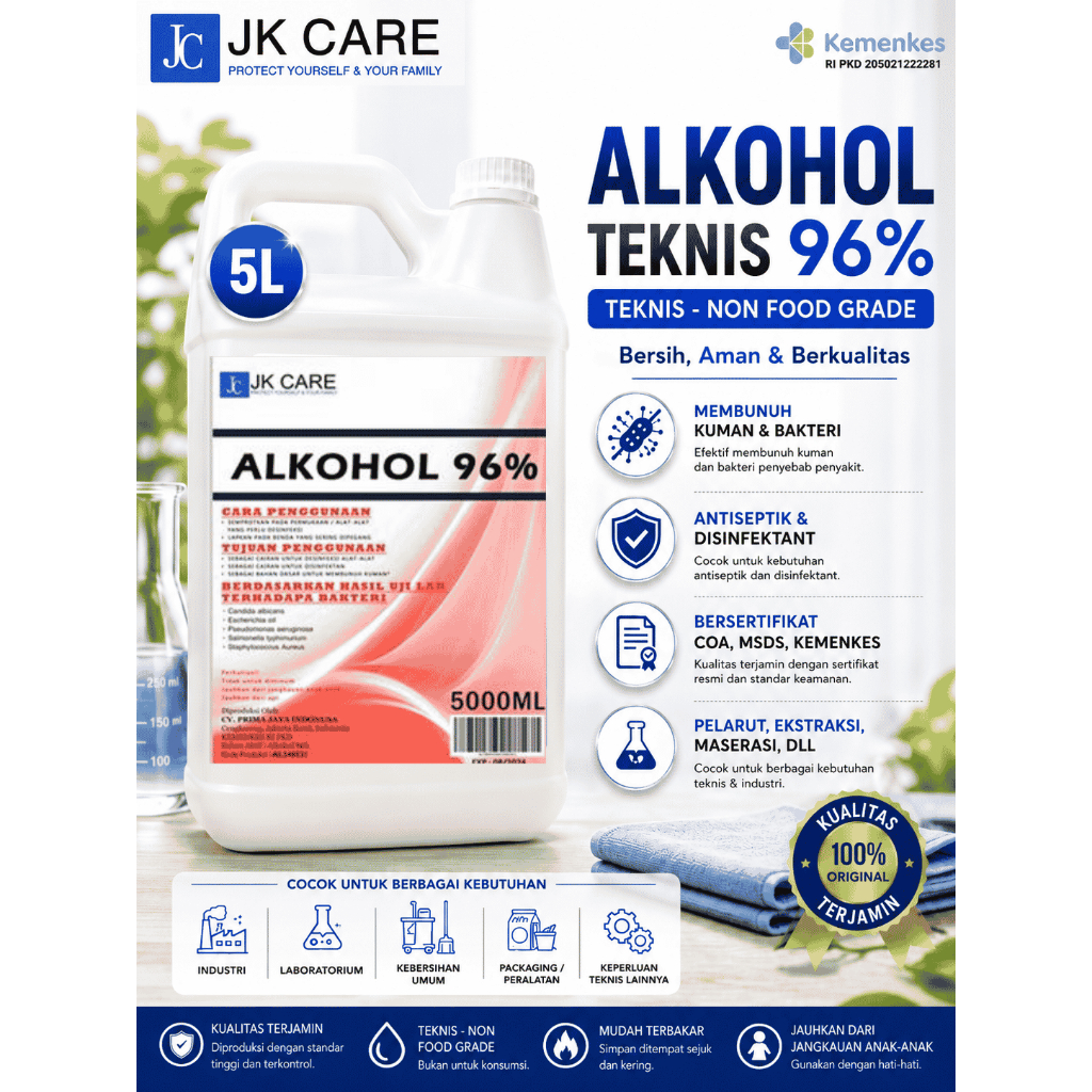 Alkohol 96% Etanol Murni 5 Liter Berkualitas Terbaik Antiseptik & Disinfektan