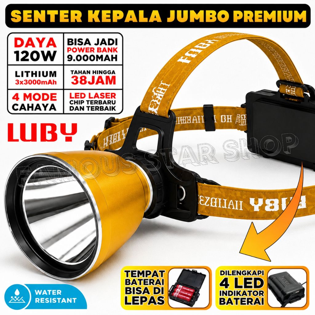 Senter Kepala LED Super Terang Jarak Jauh 4 Mode Tahan 38 Jam Baterai 9000mAh Senter Camping Jumbo M