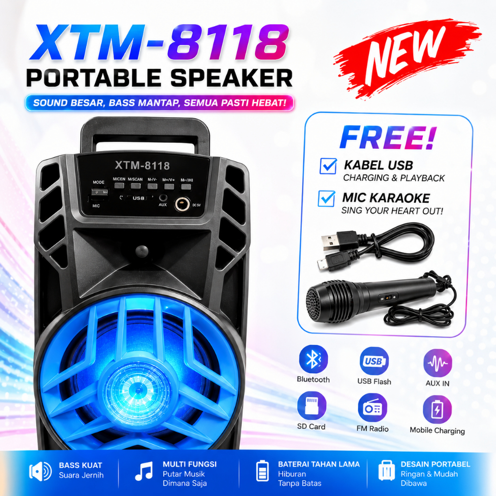 Speaker Bluetooth  Portable Plus Mic Karaoke XTM-8118 Speaker Bluetooth + Mic Karaoke XTM8118 Speake
