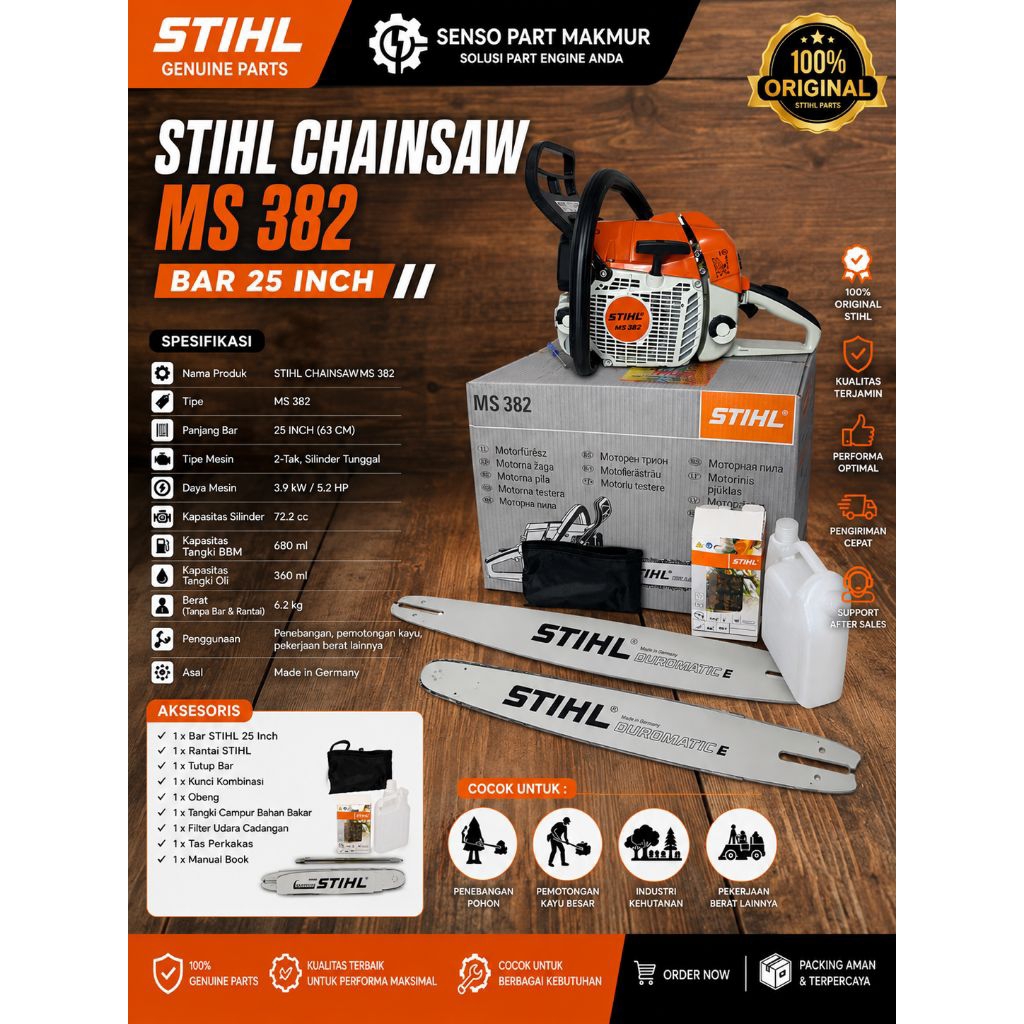 Mesin Senso Chainsaw STIHL MS 382 Original Asli Gergaji Mesin Tebang Kayu 25Inch Fullset Siap Pakai