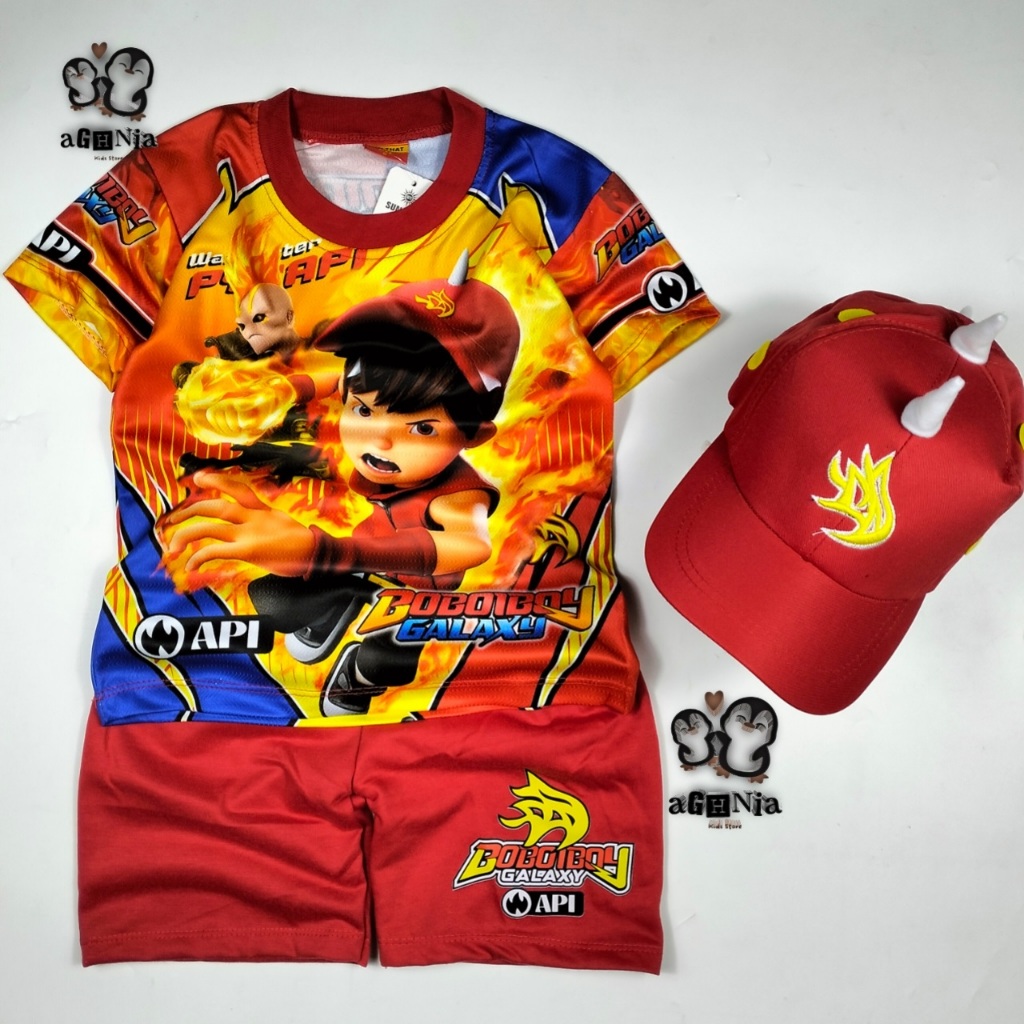 Baju Anak Boboiboy Api Setelan Kaos Celana + Topi Tanduk Karakter Anak Cowok Kekinian