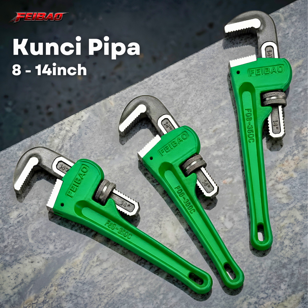 FEIBAO Kunci Pipa Hijau Heavy Duty 8-14 Inch Baja SK-55 High Carbon Steel Alat Tukang Ledeng Proyek