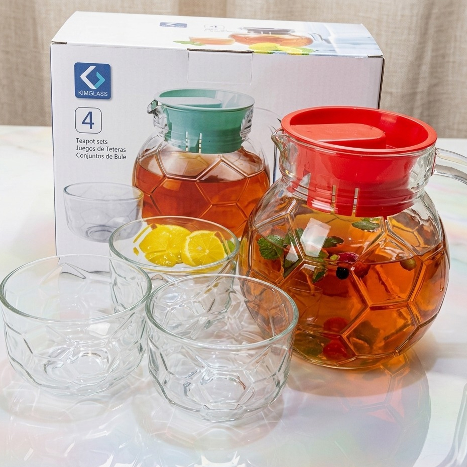 Set 4 Teapot Kimglass Kaca Desain Hexagonal Dengan Tutup Warna Dan Gelas Kaca
