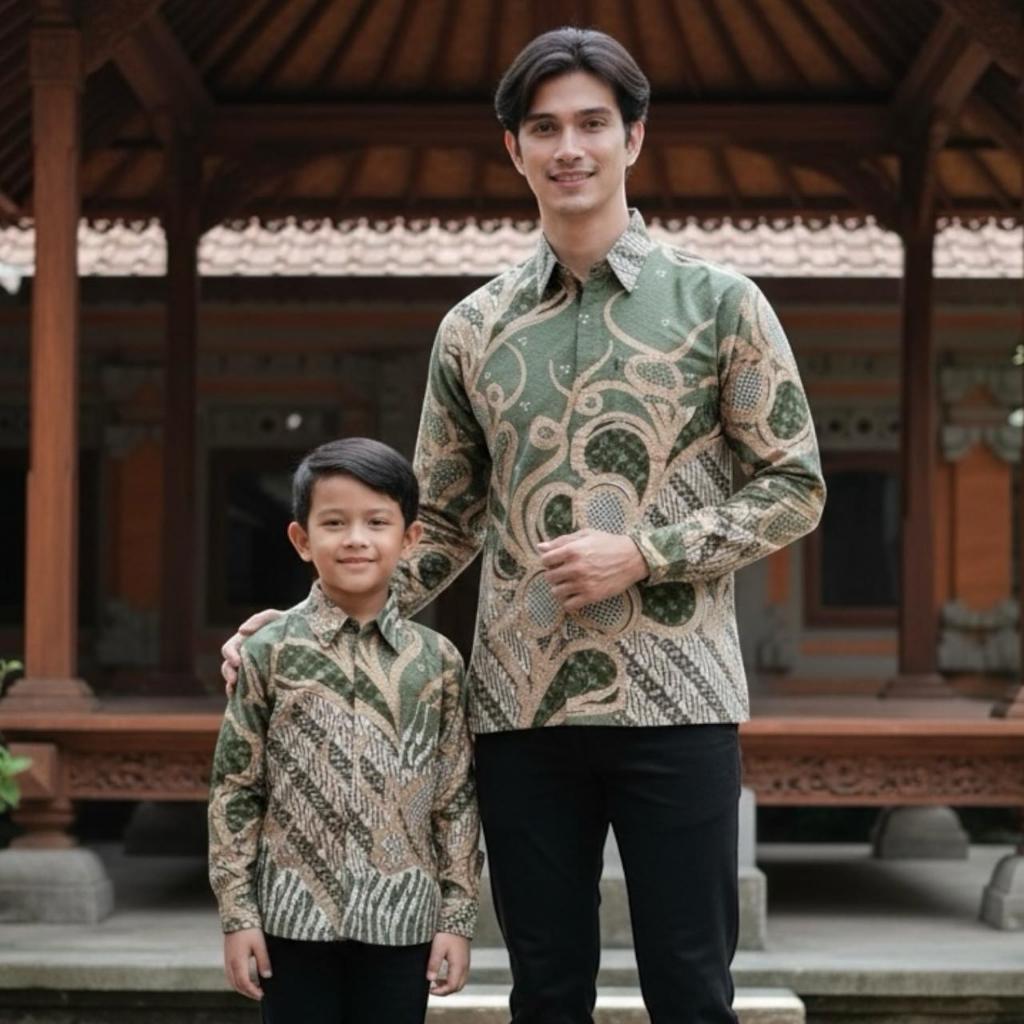 Batik Warna HIJAU SAGE, Batik Couple Ayah Anak Warna HIJAU SAGE, Batik Katun Solo Premium.