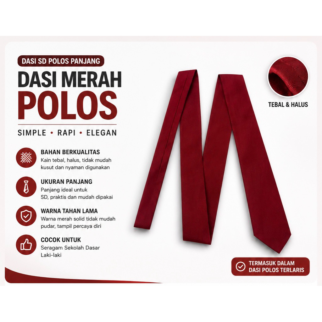 Dasi SD polos panjang / Dasi Merah Polos Panjang