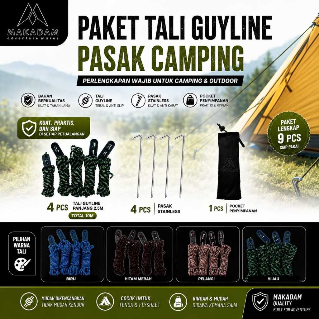 paket tali flysheet guyline pasak tenda stopper tali tenda camping