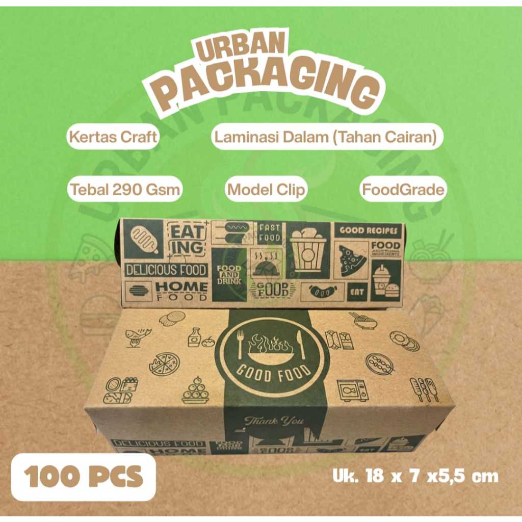 Urban Packaging Box Craft 50Pcs (18x7x5.5 cm) – Dus Makanan Eco-Friendly Motif "Good Food"