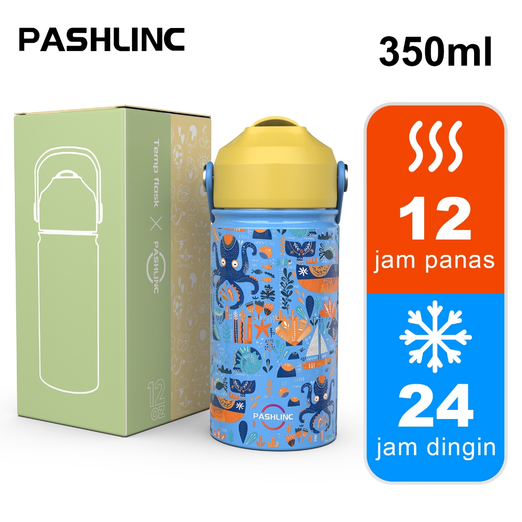 PASHLINC Botol Minum Tumbler Anak 350ml Stainless Steel BPA FREE SUS 304 Dengan Sedotan Silicon Teba