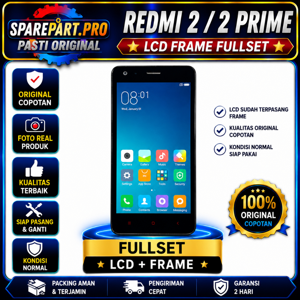 LCD REDMI 2 / 2 PRIME FULLSET + FRAME DAN TUTUP MESIN ORI COPOTAN