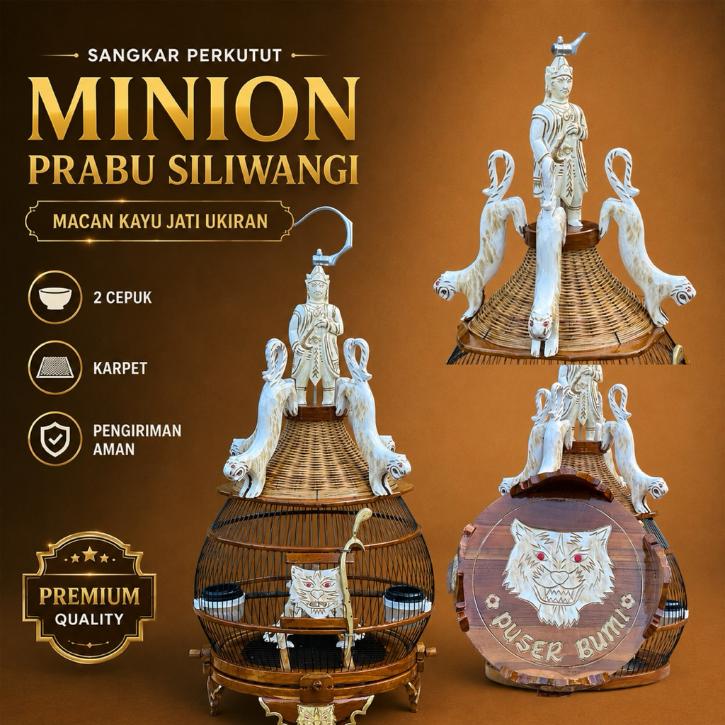 Sangkar Burung Perkutut Minion Prabu Siliwangi Motif Macan Kayu Jati Ukir Premium Lengkap 2 Cepuk & 