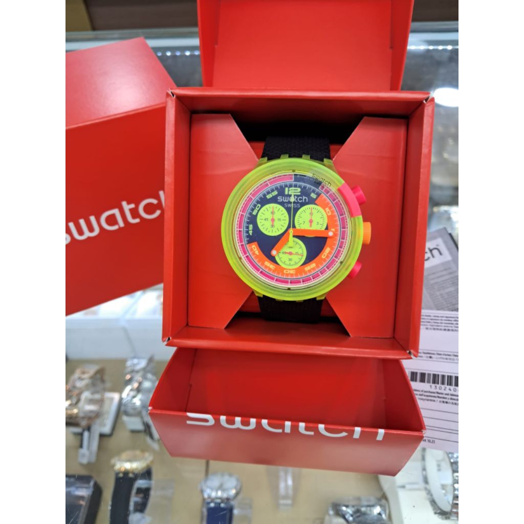 Swatch SB06J100 Big Bold Chrono Lemon Noire Original Swiss Made Jam Tangan Rubber Kuning Neon Hitam 