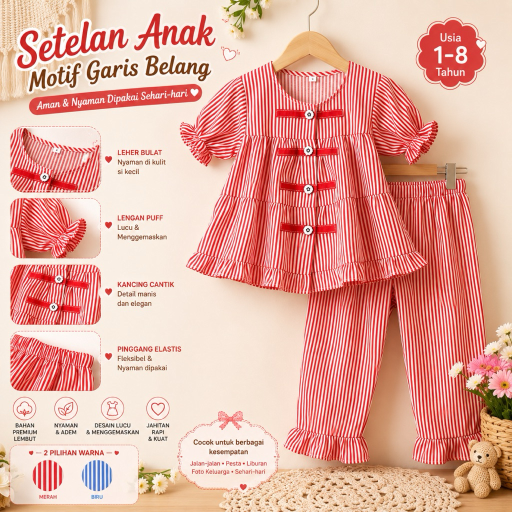 Setelan Anak Perempuan Motif Garis Premium - Atasan Tunik Lengan Puff + Celana Panjang Ruffle Usia 1