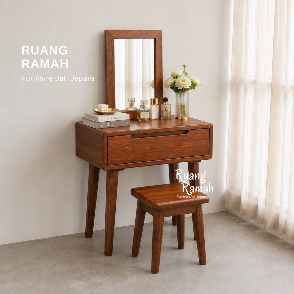 Meja Rias Kayu Jati Minimalis | Tolet Make Up Aesthetic | Meja Kosmetik Retro Modern | Meja Rias Ret