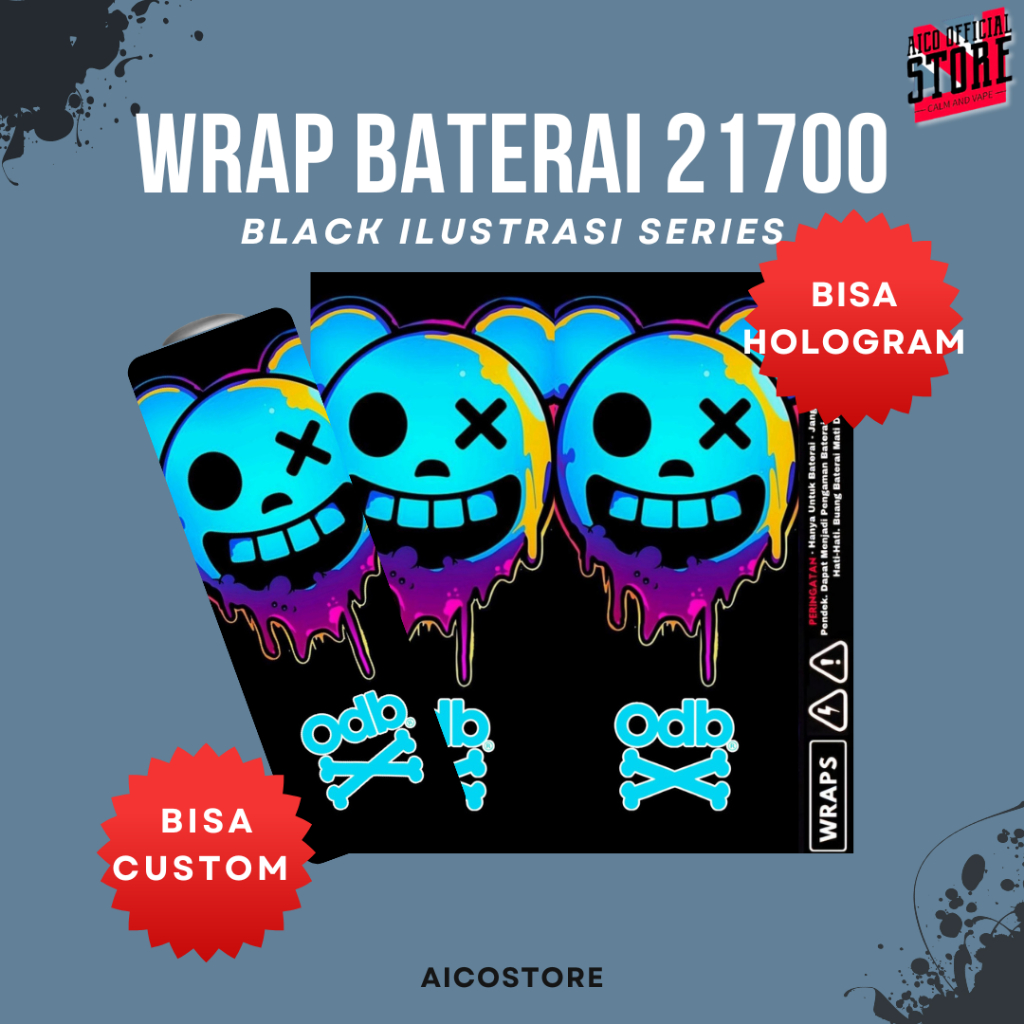 WRAP SERIES Stiker Wrap Baterai 21700 Motif Black Ilustrasi Series Premium Vinyl Anti Air | Skin Pel