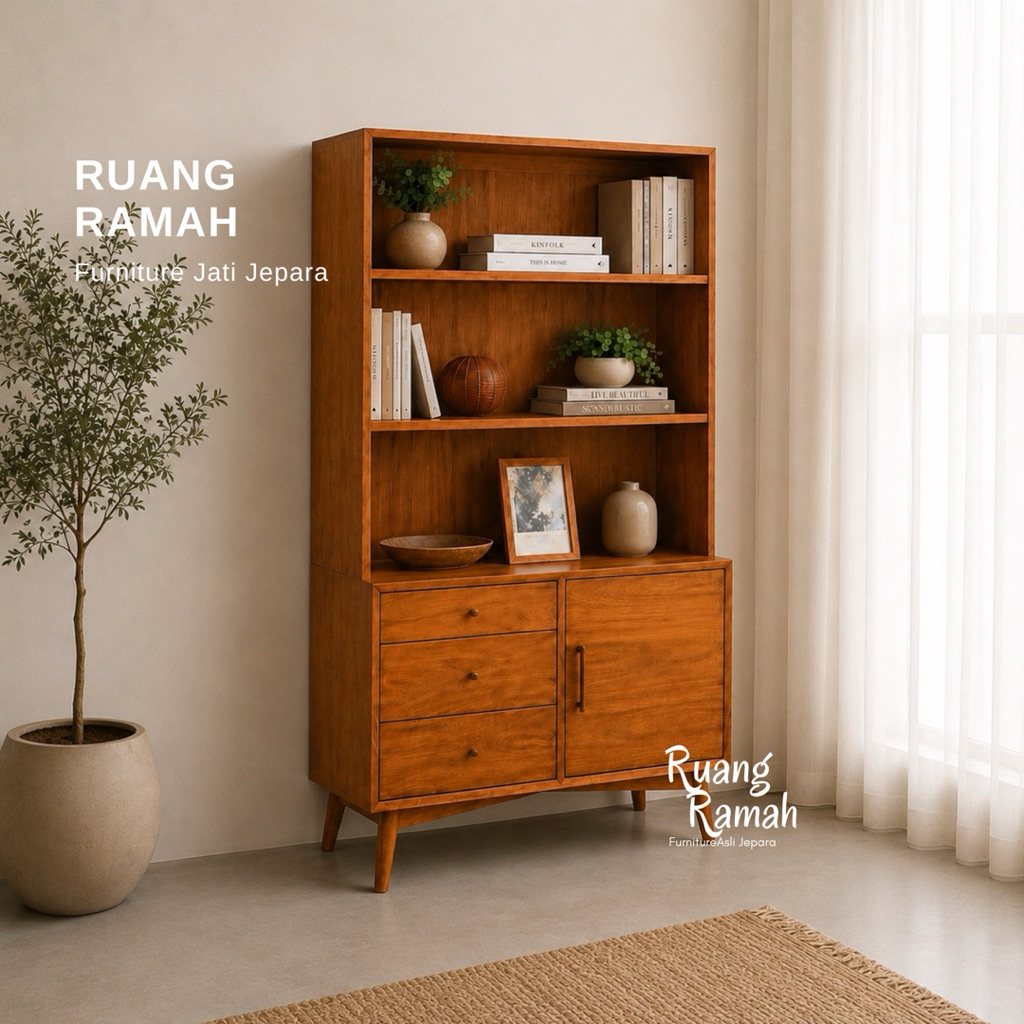 Lemari Rak Buku Kayu Jepara Modern | Lemari Hias Minimalis Aesthetic | Rak Buku Kayu Solid Multifung