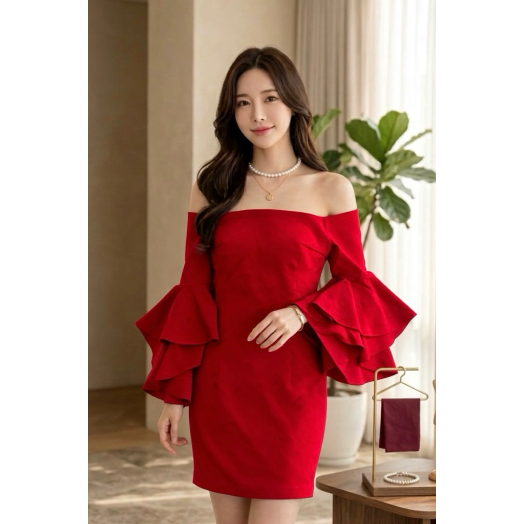 Red Off Shoulder Ruffle Sleeve Dress
